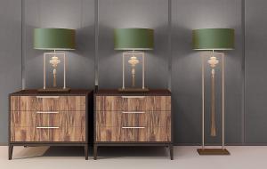 新中式实木边柜床头柜、落地灯组合