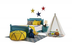 地中海实木儿童床、帐篷、圆形坐墩组合