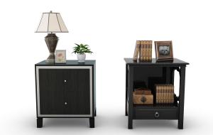 新中式带书架床头柜、台灯组合