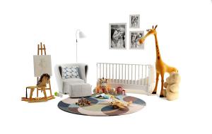 北欧儿童婴儿床、卡通玩具布偶组合