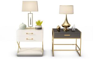 现代轻奢金属支架床头柜、台灯组合
