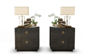 带回形纹样新中式床头柜、台灯组合