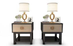 新中式床头柜、金属台灯组合