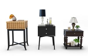 新中式床头柜、编制箱、台灯组合