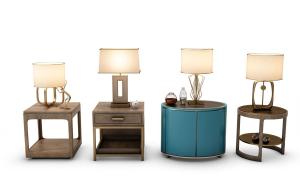 新中式床头柜、金属架台灯组合