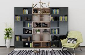 现代实木书架、金属吊灯和休闲椅组合