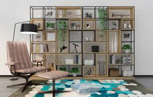 北欧客厅实木和黑色金属框架装饰架 书架、休闲椅和脚踏