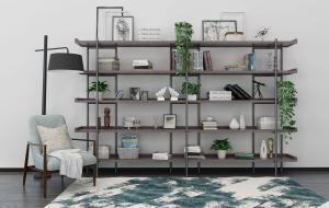 新中式实木板金属架书架、休闲椅和落地灯组合