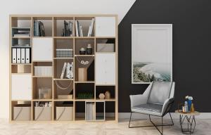 北欧浅实木带抽屉的书架、休闲椅组合