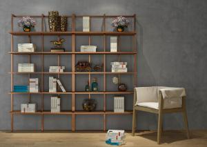 新中式铜制金属框架书架、单人座椅组合