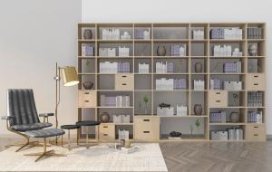 新中式开放式与封闭式书架、灰色休闲椅组合