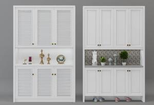简欧白色百叶柜门、带凹凸花纹柜门的鞋柜组合