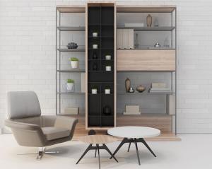 现代灰色金属搭配实木书架、摆件和休闲椅组合