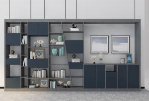 新中式深浅灰色拼接书柜、装饰柜组合