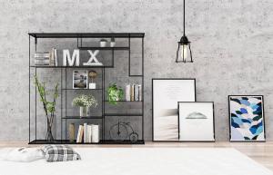 工业风铁艺黑金属书架、吊灯和装饰画组合