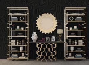 新中式轻奢细金属金色框架书架、装饰柜组合