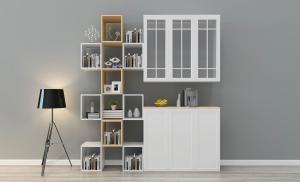 现代创意几何方框书架、餐边柜和落地灯组合