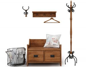 欧式实木鞋柜、衣架和收纳筐