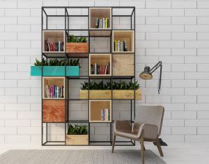 工业风金属镂空实木书架、壁灯和落地灯组合