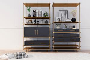 现代细金属框架拼接灰色抽屉书架、装饰柜