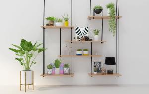 现代黑色吊绳实木板书架、盆栽展示架组合