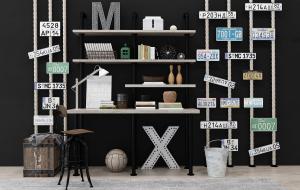 工业风金属支架实木书架书桌、绳索车牌和凳子