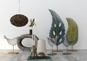 陶艺羽毛、铁艺镂空小鸟饰品摆件