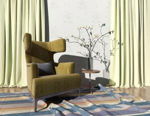 简欧高背铆钉镶边布艺单人沙发