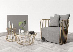 现代轻奢浅灰色镂空金属靠背单人沙发