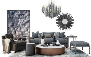 简欧灰色多人布艺沙发、软包坐垫长凳组合