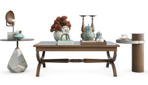 简欧实木长方形茶几、边几和桌面摆件组合3d模型 简欧实木长方形茶几、边几和桌面摆件组合