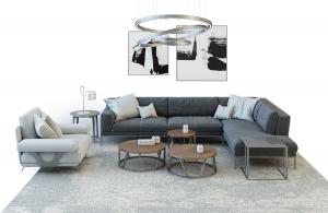 现代深灰色布艺转角沙发、白色单人沙发组合