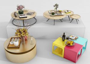现代金色圆形、彩色茶几组合3d模型 现代金色圆形、彩色茶几组合