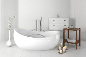 现代卫生间半圆形浴缸、边几和白色洗手台浴室柜