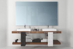 现代简约实木浴室柜、方形台上洗手台