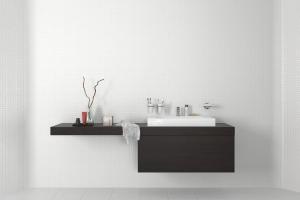 新中式深色实木洗手台浴室柜、陶瓷洗手盆