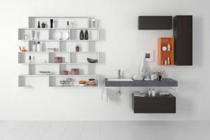 现代套色墙面固定洗手台浴室柜、收纳架