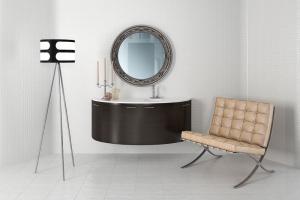 简欧半圆墙面洗手台浴室柜、复古圆镜和休闲椅