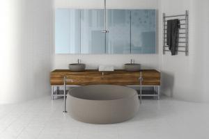 新中式铁艺支架实木洗手台浴室柜、圆形洗手盆和浴缸