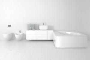 现代卫生间白色洗手台浴室柜、马桶和浴缸