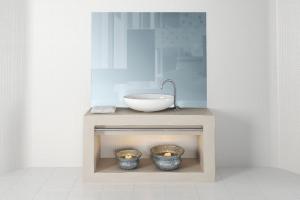 现代白色陶瓷圆形洗手台浴室柜、方形镜面