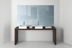 现代实木U字形双盆洗洗手台浴室柜、镜子