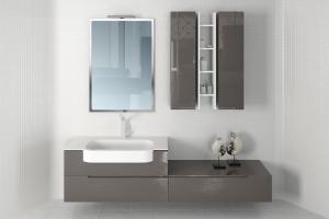 现代嵌入柜体的白色陶瓷洗手台浴室柜、方形镜子