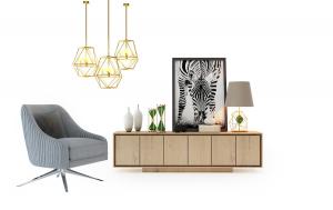 现代六柜门实木电视柜、桌面摆件和休闲椅组合