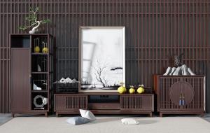 中式红木栅格柜门电视柜、装饰柜和收纳柜组合