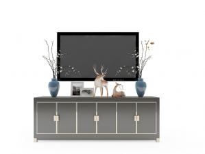 新中式直角长方形柜门镶嵌金属边的电视柜、桌上摆件