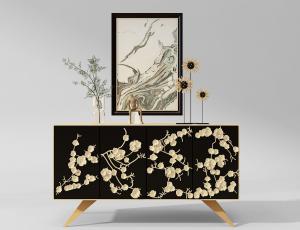 新中式装饰梅花浮雕黑色电视柜3d模型 新中式装饰梅花浮雕黑色电视柜