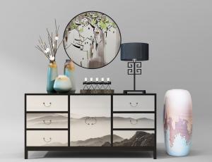 新中式山水图案装饰柜体的玄关柜、摆件组合3d模型 新中式山水图案装饰柜体的玄关柜、摆件组合