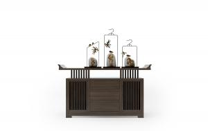 中式栅格柜门玄关柜、摆件组合3d模型 中式栅格柜门玄关柜、摆件组合