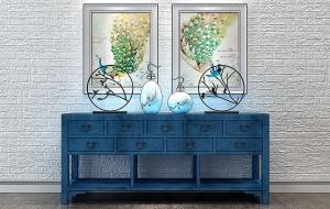 新中式蓝色下方镂空玄关柜、装饰画和摆件组合3d模型 新中式蓝色下方镂空玄关柜、装饰画和摆件组合